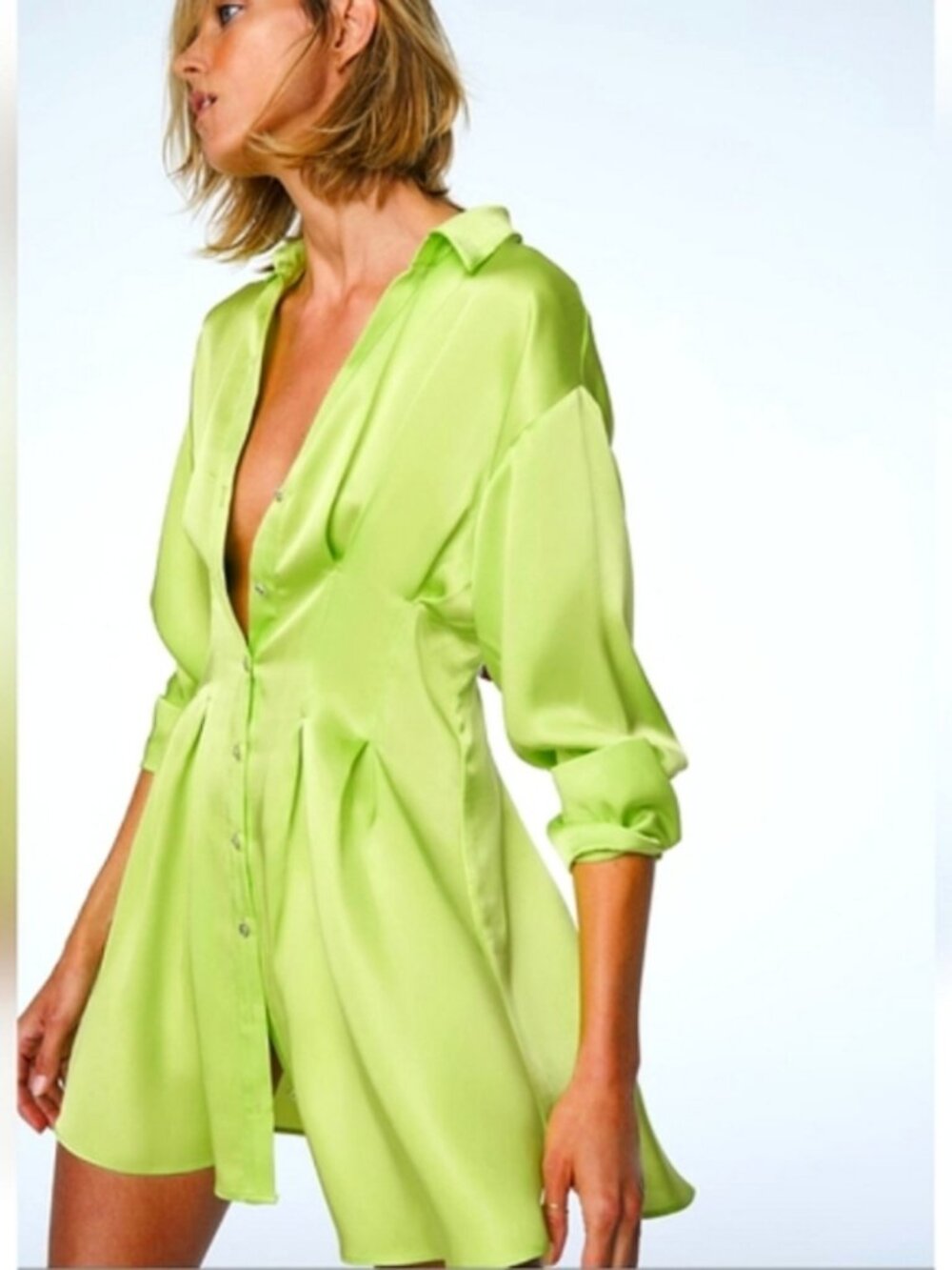 ZARA SATIN EFFECT SHIRT DRESS LIME GREEN